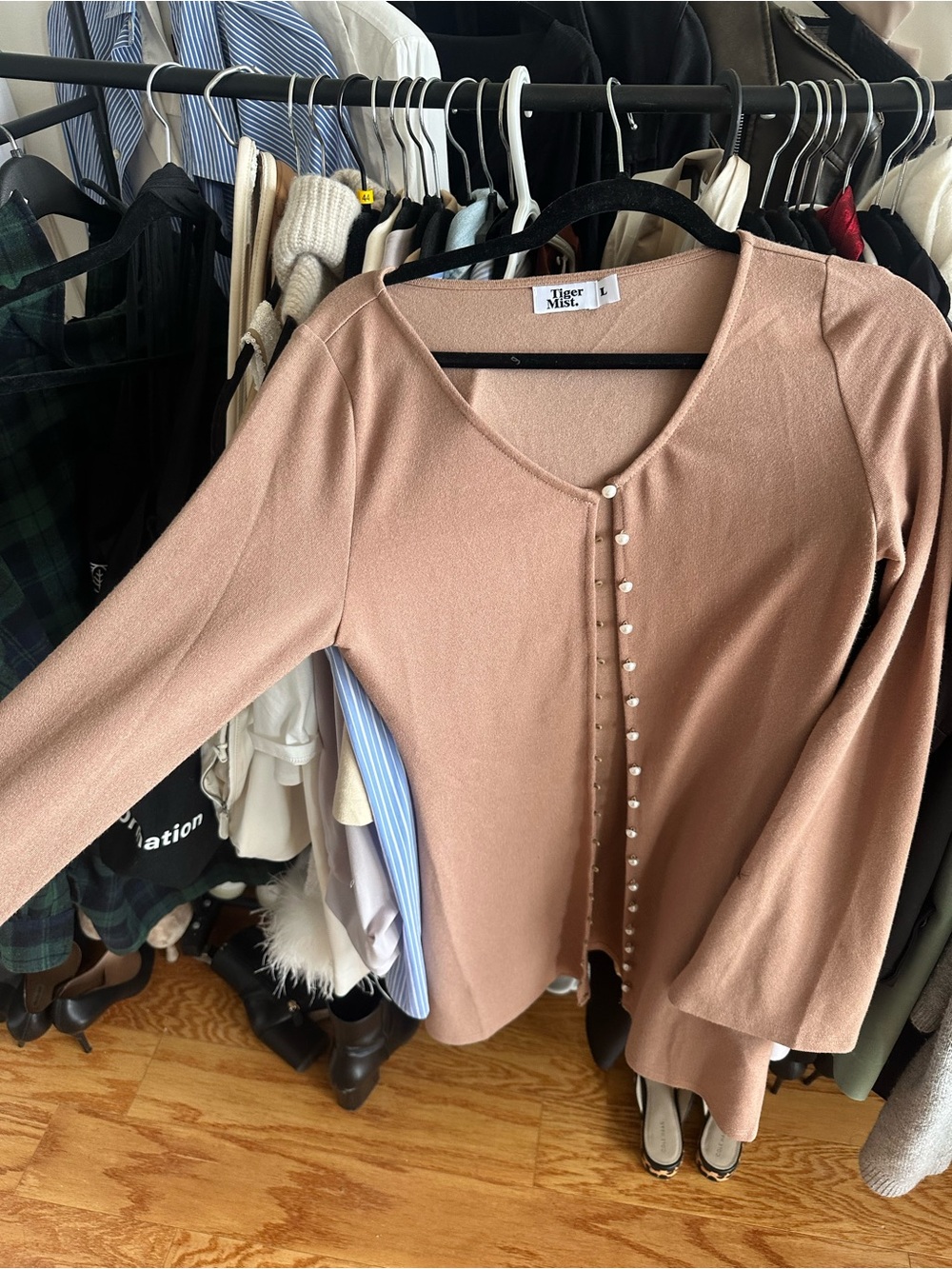 Tiger Mist Tan Pearl-Detail Cardigan